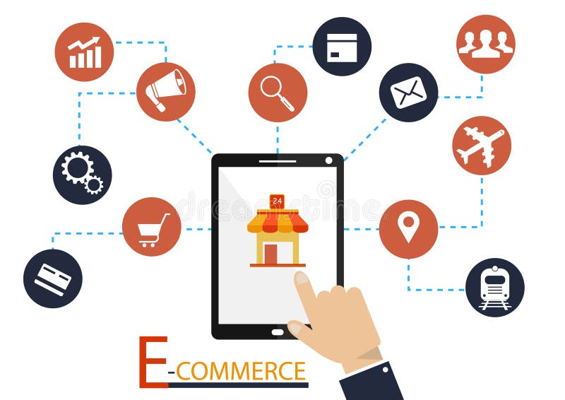 Human hands holding smartphone connected with shopping icons. royalty free illustration Human hands holding smartphone connected with shopping icons. royalty free illustration