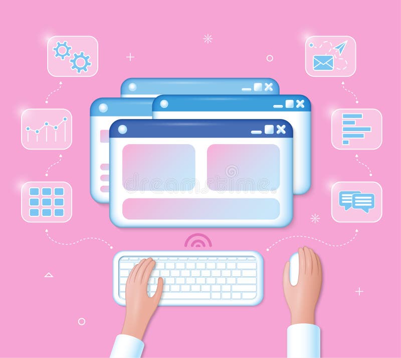Human hands using the wireless keyboard and mouse and working with pop-up windows and application icons stock illustration