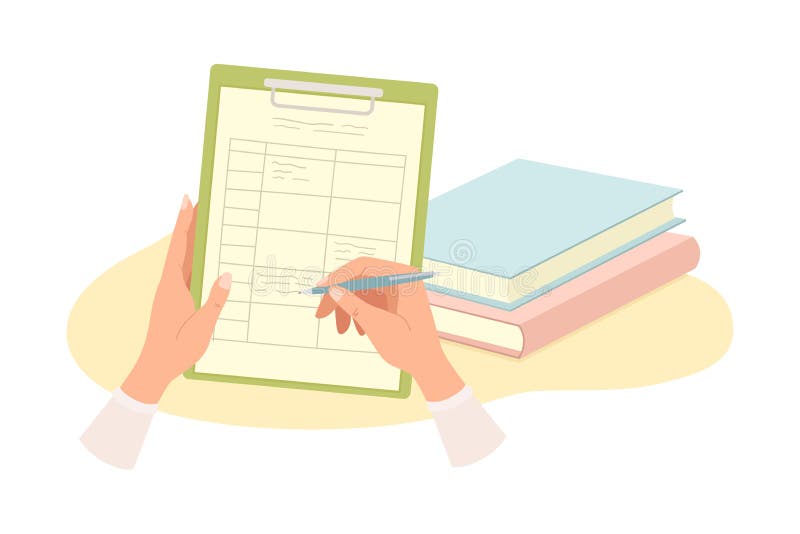 Human Hands Writing Something on Clipboard with Pen and Pile of Books Rested Nearby Vector Illustration