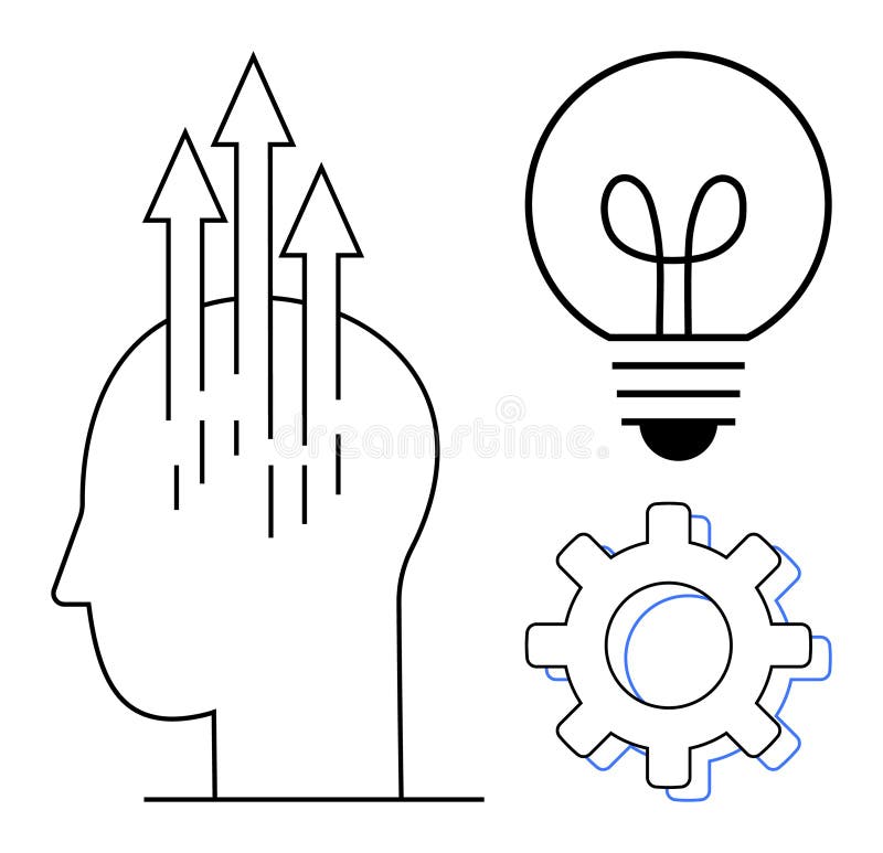 Human head with arrows, light bulb, and gear symbolizing growth, innovation, and problem-solving stock illustration