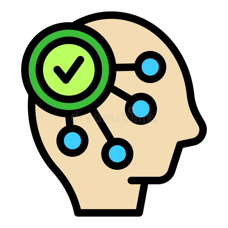 Human head profile showing neural network with check mark icon stock illustration