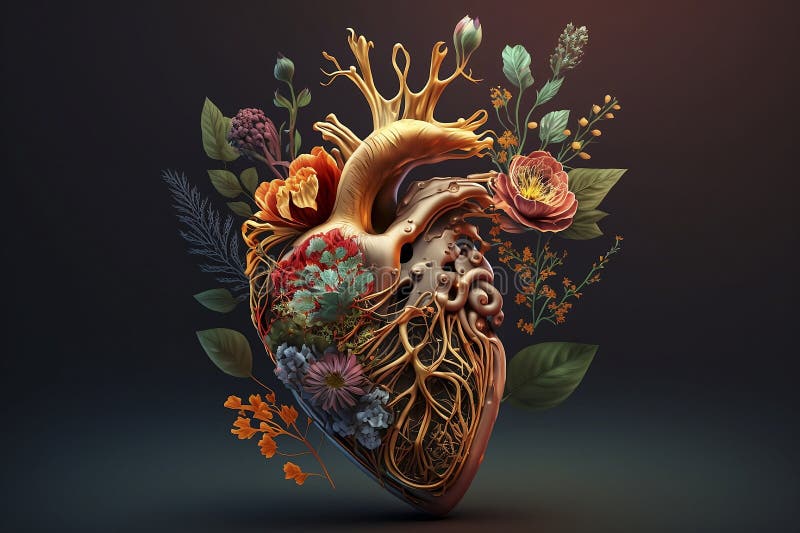 Human heart with flowers, love and emotion concept, good hearted person, help and charity, generative AI royalty free illustration