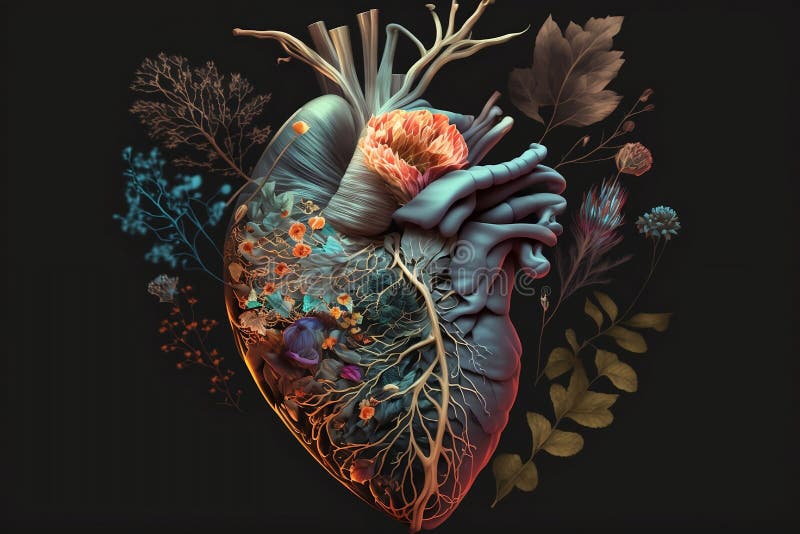 Human heart with flowers, love and emotion concept, good hearted person, help and charity, generative AI . stock illustration