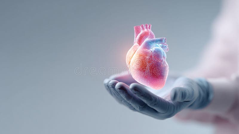 Human heart in gloved hands, a symbolic representation of cardiac health and medical innovation. Ideal for healthcare, research stock illustration