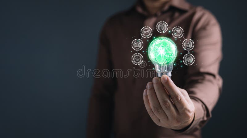Uman care deține un bec pentru a economisi energie și a reduce ideea încălzirii globale pentru creditul ecologic ecologic pentru î. Luarea de către om a unui bec pentru a economisi energie și a reduce ideea încălzirii globale pentru întreprinderile ecologice, care acordă credite ecologice reducând emisiile de gaze cu efect de seră, în special pentru mediu, social și de guvernanță