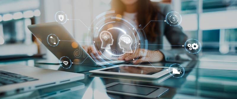 Human interact with AI artificial intelligence brain process generative AI EIDE stock photography