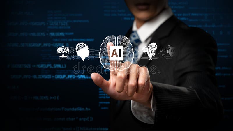 Human interact with AI artificial intelligence brain process generative AI FaaS royalty free stock photo
