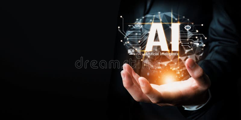 Human interact with AI artificial intelligence brain processor in concept of AI artificial intelligence engineering, big data and AI machine learning to use generative AI for business support. NLP. Ai algorithm big data stock images, royalty-free photos and pictures