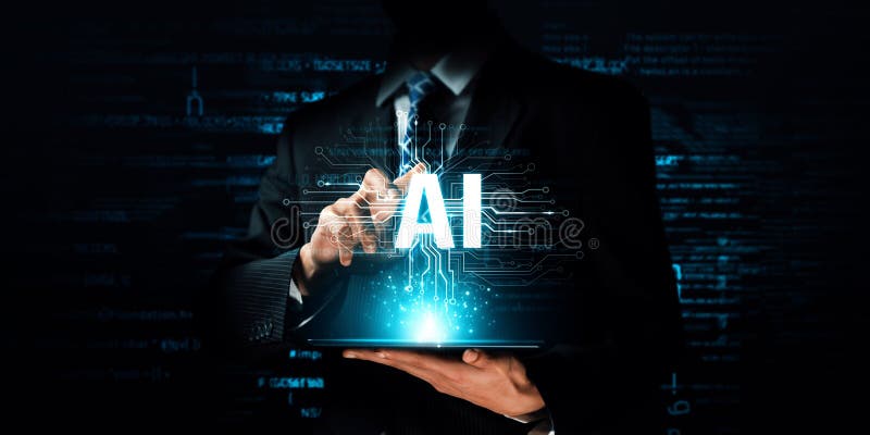 Human interact with AI artificial intelligence brain processor in concept of AI artificial intelligence engineering, big data and AI machine learning to use generative AI for business support. NLP. Ai algorithm big data stock images, royalty-free photos and pictures