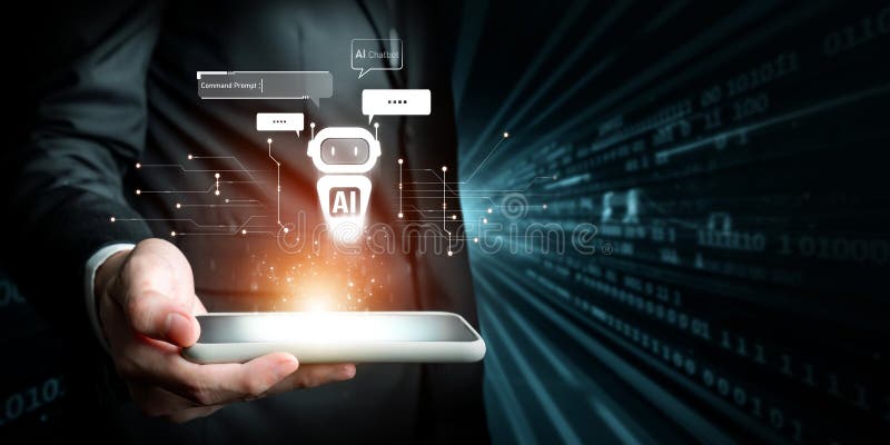 Human interact with AI artificial intelligence virtual assistant FaaS royalty free stock images