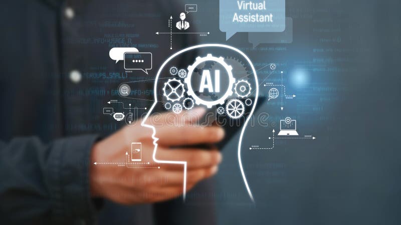 Human interact with AI artificial intelligence virtual assistant FaaS royalty free stock photography