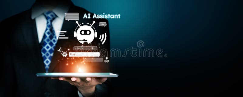 Human interact with AI artificial intelligence virtual assistant FaaS royalty free stock image