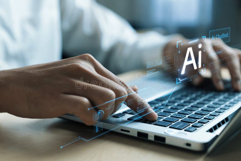 Human interact with AI artificial intelligence virtual assistant FaaS royalty free stock photo
