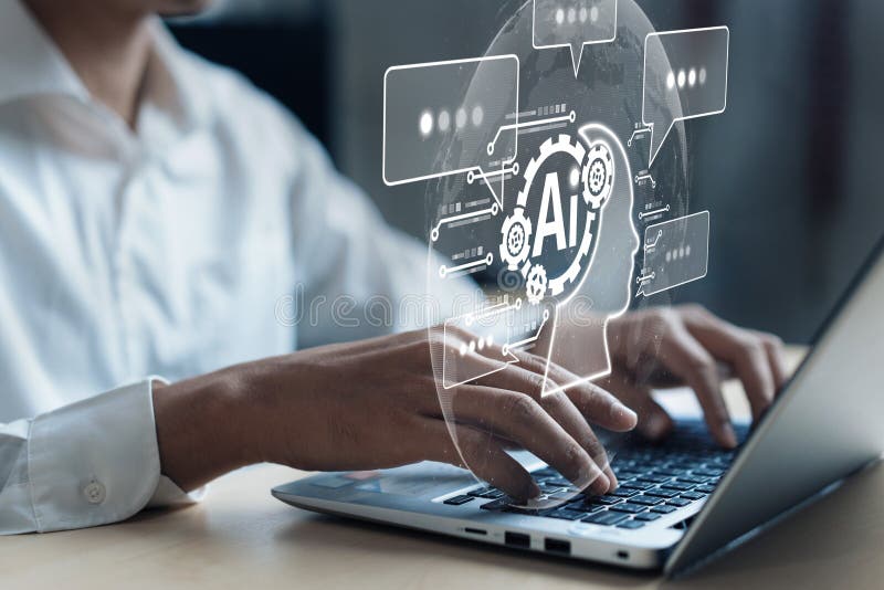 Human interact with AI artificial intelligence virtual assistant FaaS royalty free stock photo