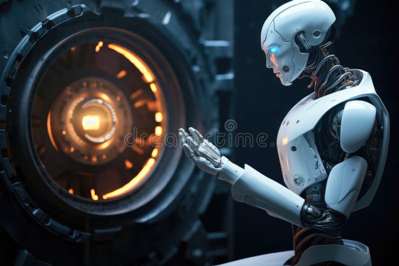 Human like robot talking to artificial intelligence, human robot relationship concept vector illustration