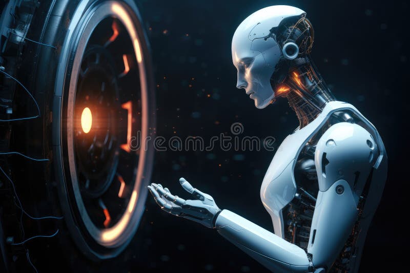 Human like robot talking to artificial intelligence, human robot relationship concept vector illustration