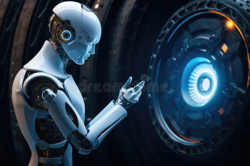Human like robot talking to artificial intelligence, human robot relationship concept royalty free illustration