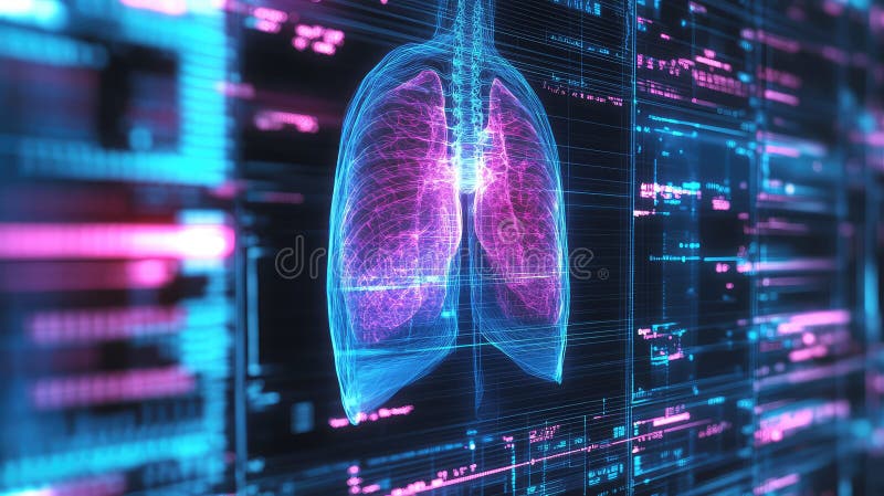 Human lungs visualization as a digital hologram, integrating with a futuristic medical user interface displaying complex data and diagnostic information for healthcare technology. Artificial intelligence lungs stock images, royalty-free photos and pictures