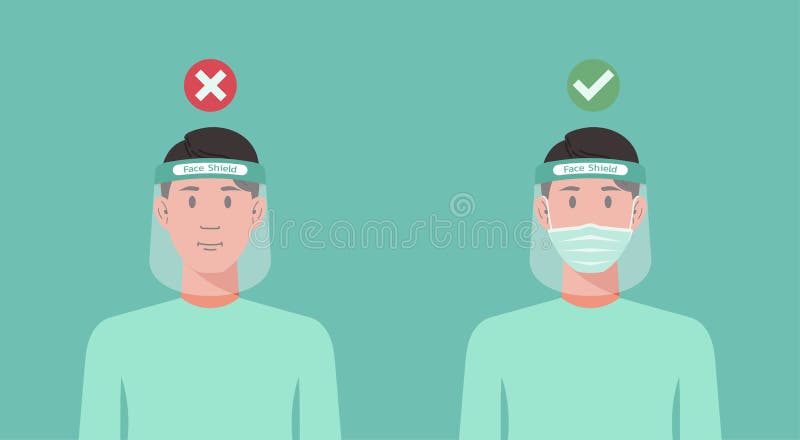 Correct and wrong way man using protective medical face shield stock illustration