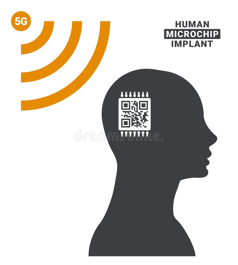 Human microchip implant. Vector concept of connecting human brain to the Internet. Silhouette of a man with a CPU and qr code in vector illustration