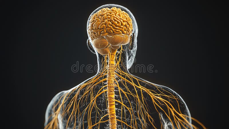 Human nervous system, with detailed visualization of the brain, spinal cord, and peripheral nerves stock illustration