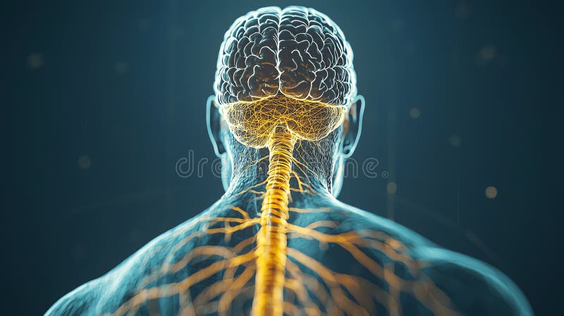Human nervous system, with detailed visualization of the brain, spinal cord, and peripheral nerves vector illustration