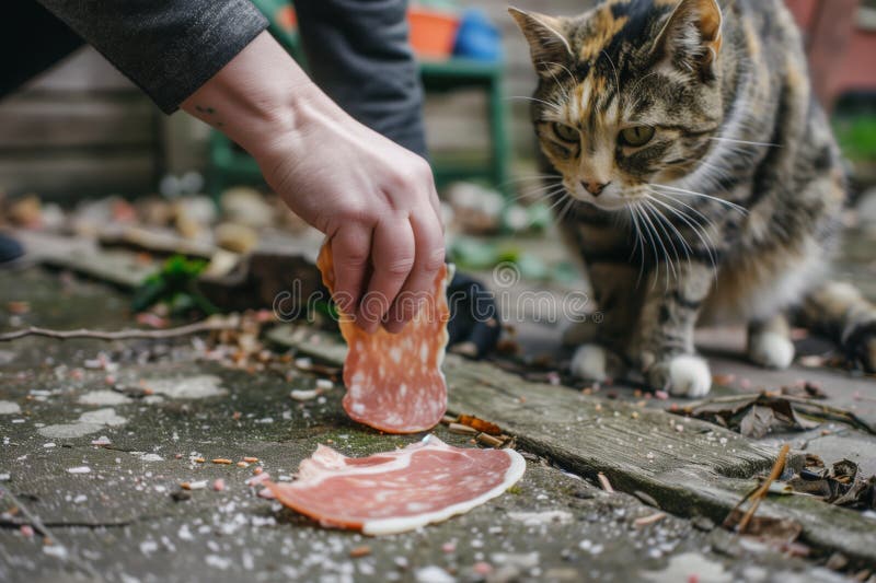 Human Placing a Slice of Deli Meat on the Ground for a Cat Stock Illustration Illustration of