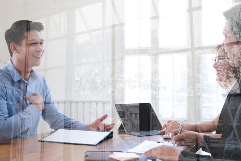 Human resource team interviewing candidate for job vacancy. applicant explaining profile for career recruitment stock photos