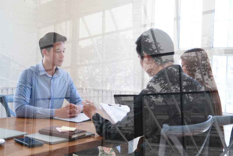 Human resource team interviewing candidate for job vacancy. applicant explaining profile for career recruitment royalty free stock images