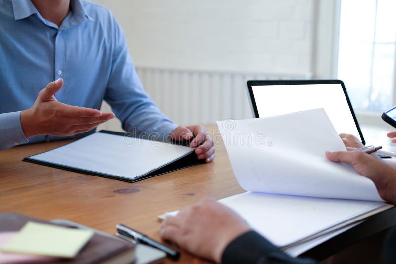 Human resource team interviewing candidate for job vacancy. applicant explaining profile for career recruitment stock image