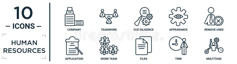 Human. resources linear icon set. includes thin line company, due diligence, remove user, work team, time, multitask, application stock illustration