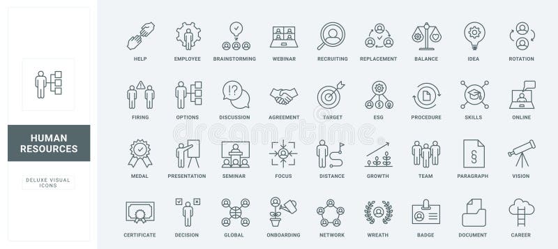 Human resources, search and recruit of manager, candidate selection line icon set royalty free illustration
