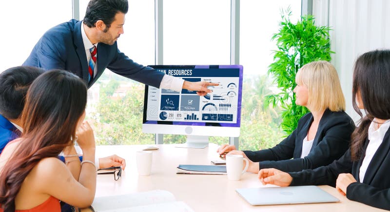Human resources software on computer screen help employee manage people snugly stock photos