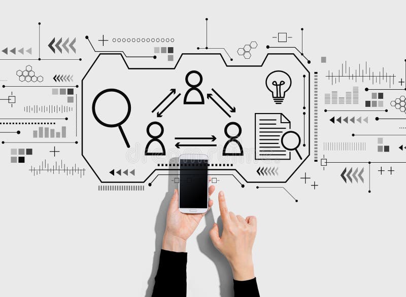 Human resources theme with person using a smartphone stock illustration
