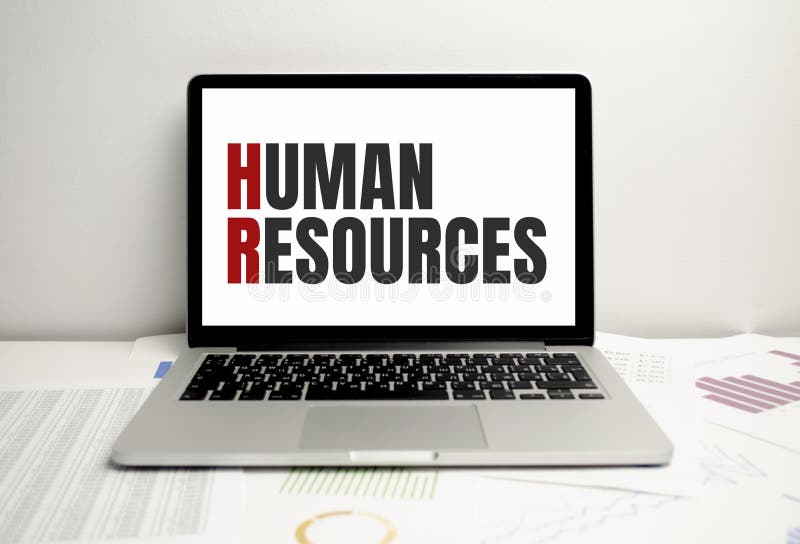 Human Resources Words on Laptop Display and Charts Stock Photo Image