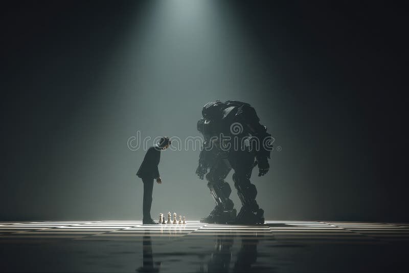 Human and robot engaged in a chess match under futuristic spotlight in a dramatic setting royalty free stock image