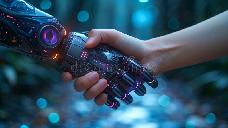 Mâini umane și de roboți în strângere de mână. tehnologie digitală digitală de fundal futuristă în epoca digitală. royalty free illustration