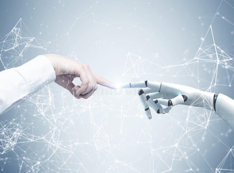 Human and robot hands reaching out, network stock photos