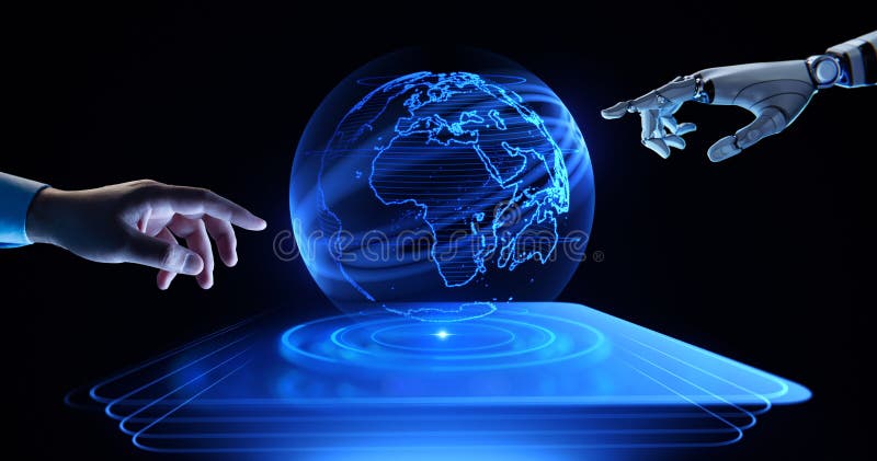Human and Robot Hands Touching a Digital Globe. AI artificial intelligence and Global Connectivity royalty free stock photos
