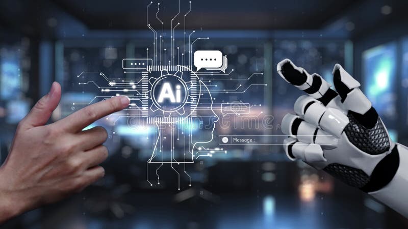 Human and Robot Interaction with AI Interface in Futuristic Digital Environment, Symbolizing Technology Collaboration royalty free illustration