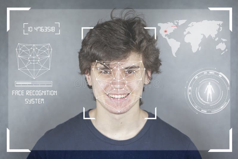 Human Security IT technology, Facial recognition system, concept. Young man on the gray background, face recognition, individual royalty free stock images