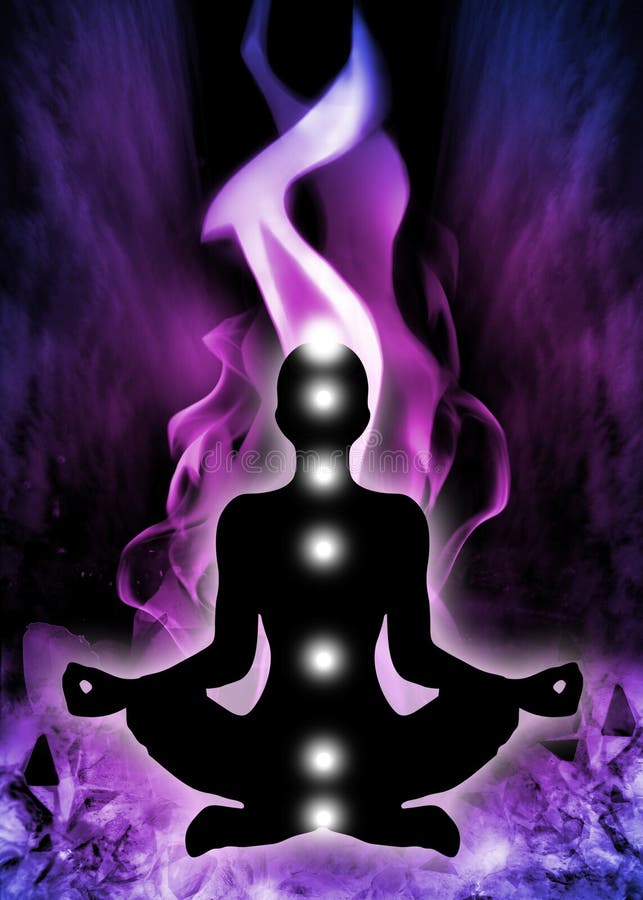 Human silhouette in yoga - lotus pose with 7 chakras positions and Violet Flame background.