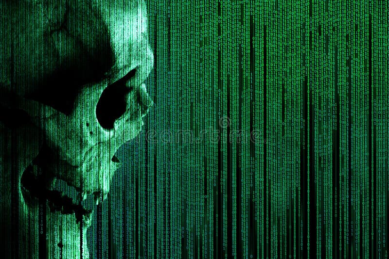 Human Skull on Green Binary Code Matrix Background. Side View of a ...
