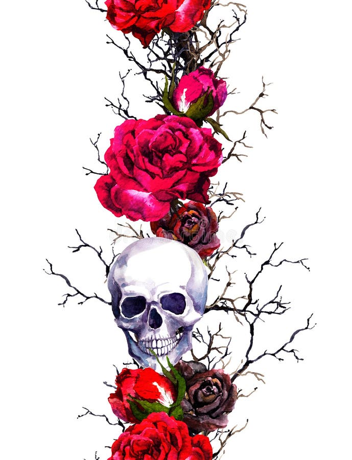 Human Skulls with Rose Flowers, Branches. Seamless Border Frame ...