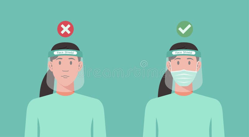 Correct and wrong way woman using protective medical face shield stock illustration