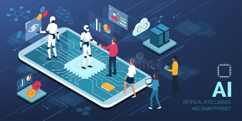 Humano-AI interação, pessoa que encontra robôs ilustração do vetor Humano-AI interação, pessoa que encontra robôs ilustração do vetor