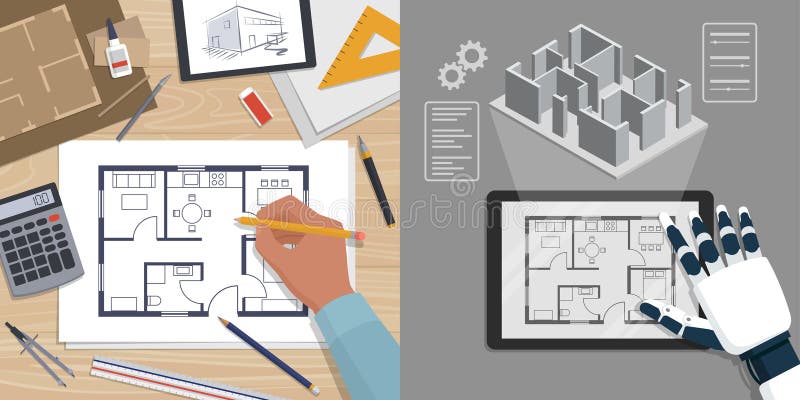 Humano contra robô de IA a trabalhar num projeto de casa ilustração do vetor