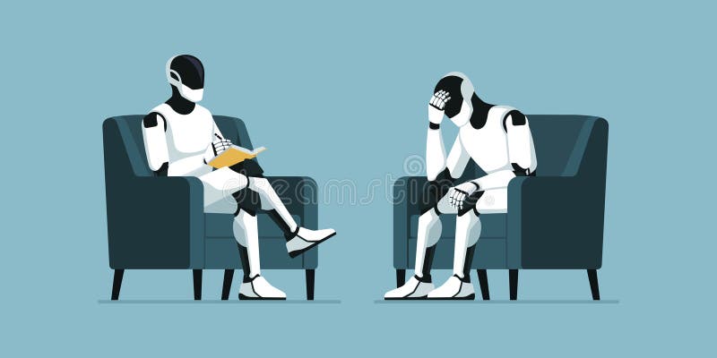 Humanoid AI robots talking together in a psychotherapy session royalty free illustration