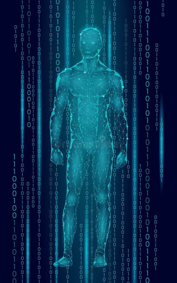 Humanoid android man standing cyberspace binary code. Robot artificial intelligence low poly polygonal human body vector illustration