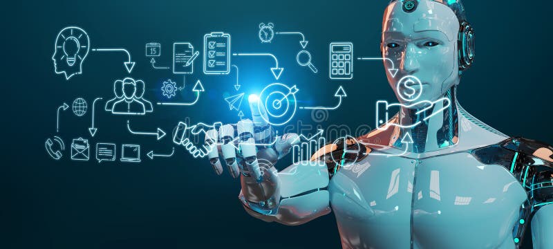 Humanoid blanco que crea el interfaz de la inteligencia artificial Humanoid blanco que crea el interfaz de la inteligencia artificial